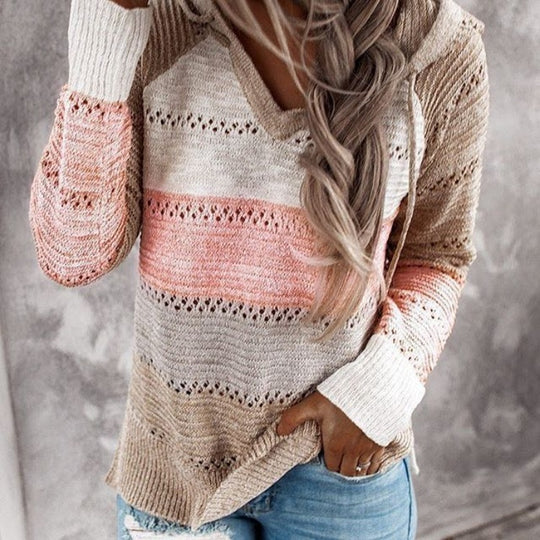 Damen Lockerer Strickkapuzenpullover mit Lochmuster und Eingrifftasche Shop Nory