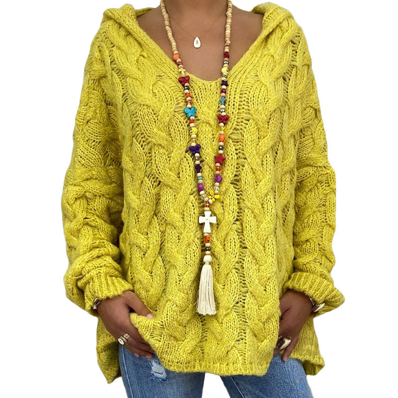 Damen nan oversized Kapuzenpullover mit Zopfmuster, tiefem V-Ausschnitt und seitlichen Schlitzen Shop Nory