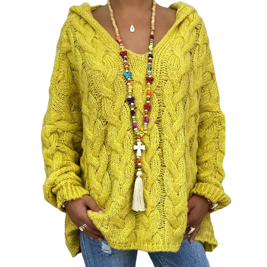 Damen nan oversized Kapuzenpullover mit Zopfmuster, tiefem V-Ausschnitt und seitlichen Schlitzen Shop Nory