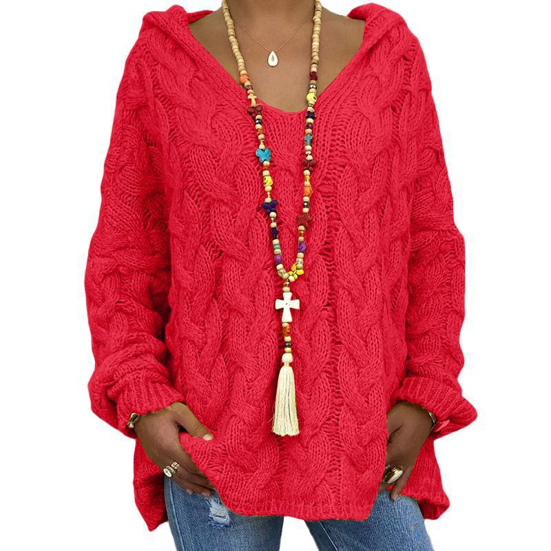 Damen nan oversized Kapuzenpullover mit Zopfmuster, tiefem V-Ausschnitt und seitlichen Schlitzen Shop Nory