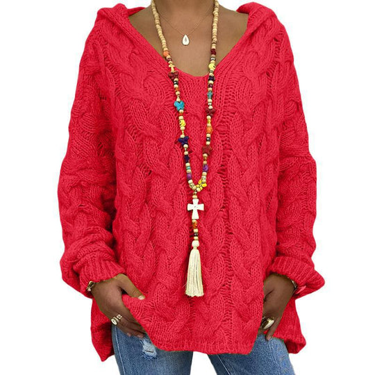 Damen nan oversized Kapuzenpullover mit Zopfmuster, tiefem V-Ausschnitt und seitlichen Schlitzen Shop Nory