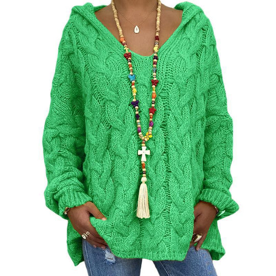 Damen nan oversized Kapuzenpullover mit Zopfmuster, tiefem V-Ausschnitt und seitlichen Schlitzen Shop Nory