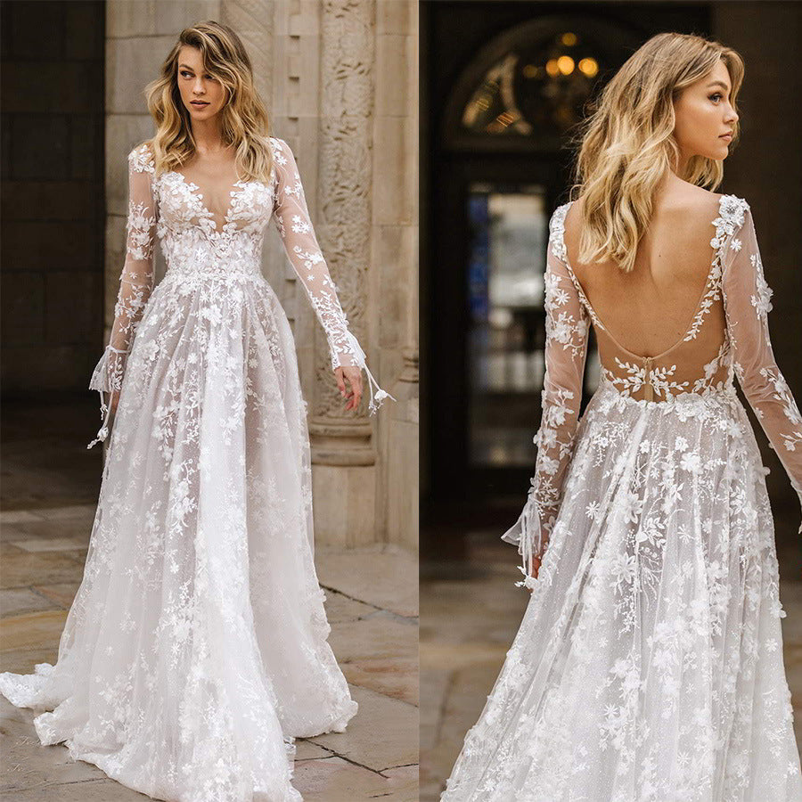 Damen Elegantes Hochzeitskleid mit floralen Spitzenapplikationen und tiefem V-Ausschnitt