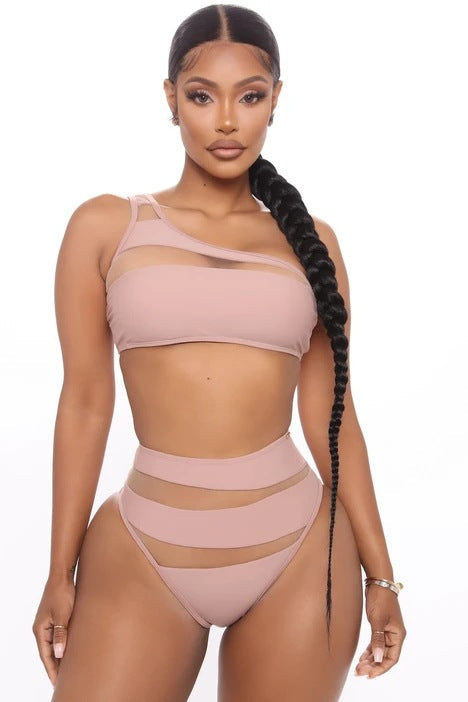 Damen Hochgeschnittener Bikini mit transparenten Einsätzen Shopnory