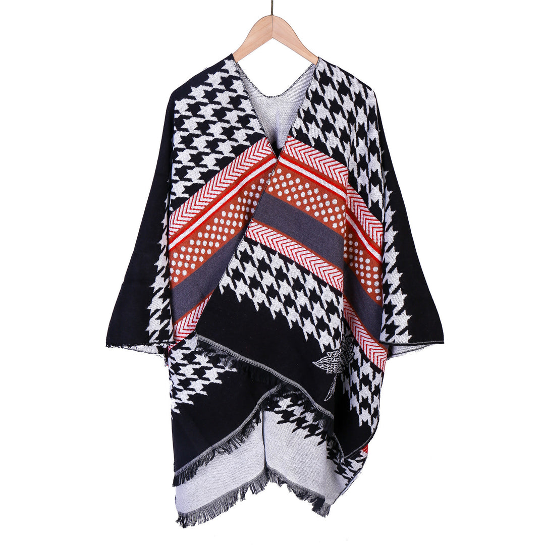 Damen Oversize-Ruana mit Hahnentritt-Jacquard und Fransensaum Shop Nory