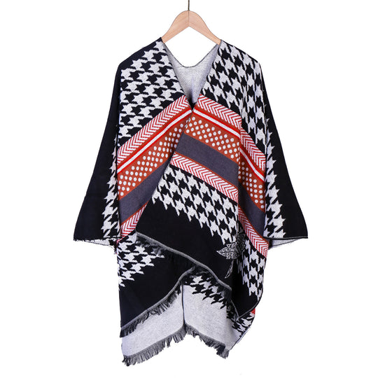 Damen Oversize-Ruana mit Hahnentritt-Jacquard und Fransensaum Shop Nory