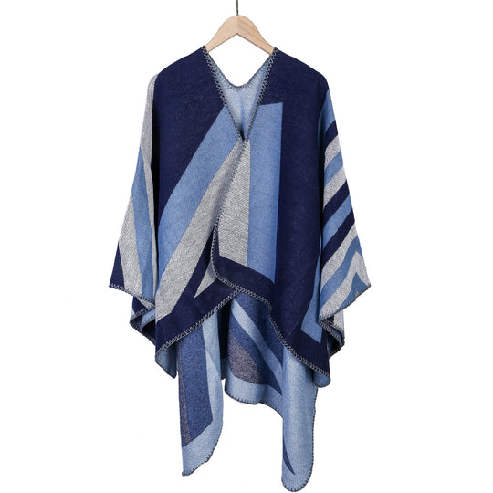 Damen Oversize-Ruana mit grafischem Blockmuster und dekorativer Kettelnaht Shop Nory