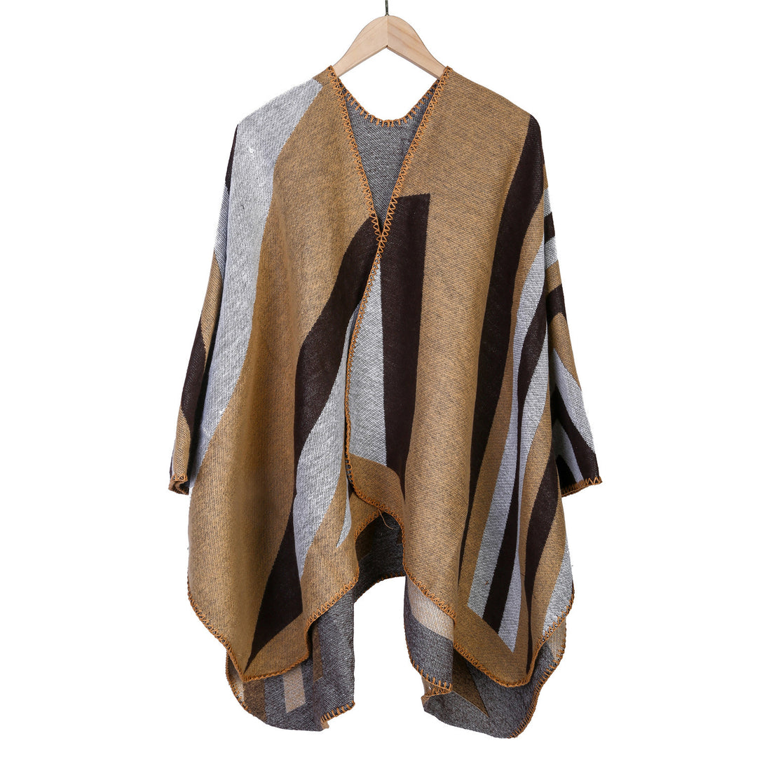 Damen Oversize-Ruana mit grafischem Blockmuster und dekorativer Kettelnaht Shop Nory