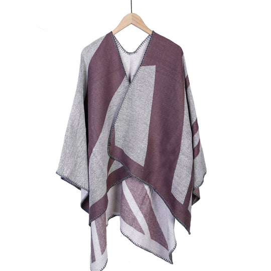 Damen Oversize-Ruana mit grafischem Blockmuster und dekorativer Kettelnaht Shop Nory