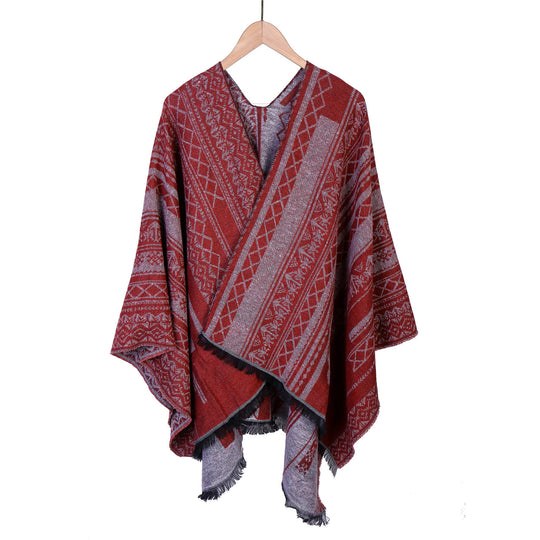 Damen Ruana-Poncho im kastigen Kimono-Fall mit feiner Jacquard‑Webstruktur und Fransensaum Shop Nory