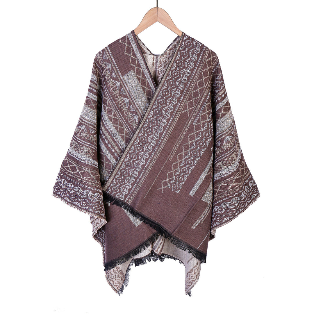 Damen Ruana-Poncho im kastigen Kimono-Fall mit feiner Jacquard‑Webstruktur und Fransensaum Shop Nory