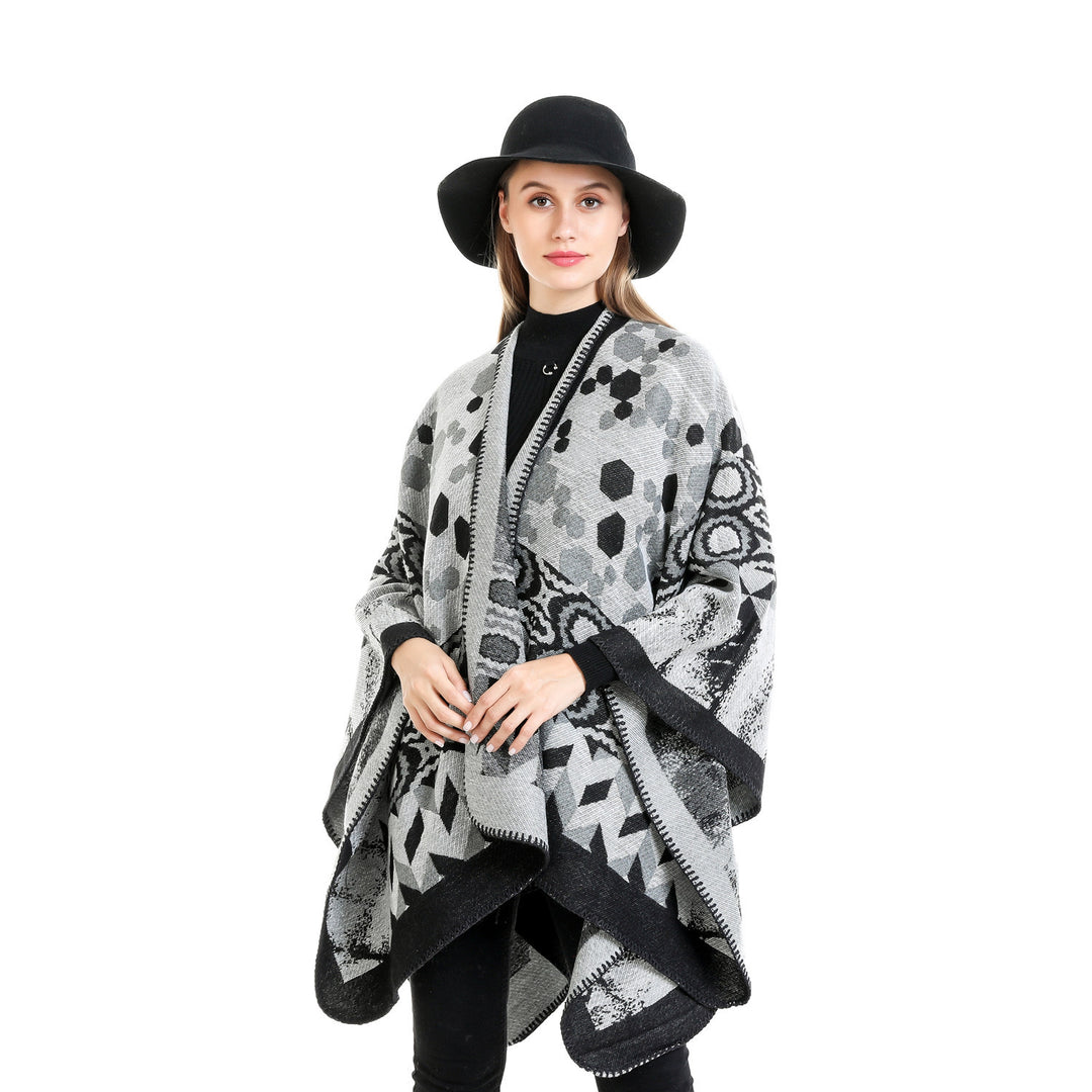 Damen Gemusterter Jacquard-Ruana-Überwurf mit V-Ausschnitt und Kettelnaht Shop Nory