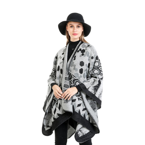 Damen Gemusterter Jacquard-Ruana-Überwurf mit V-Ausschnitt und Kettelnaht Shop Nory