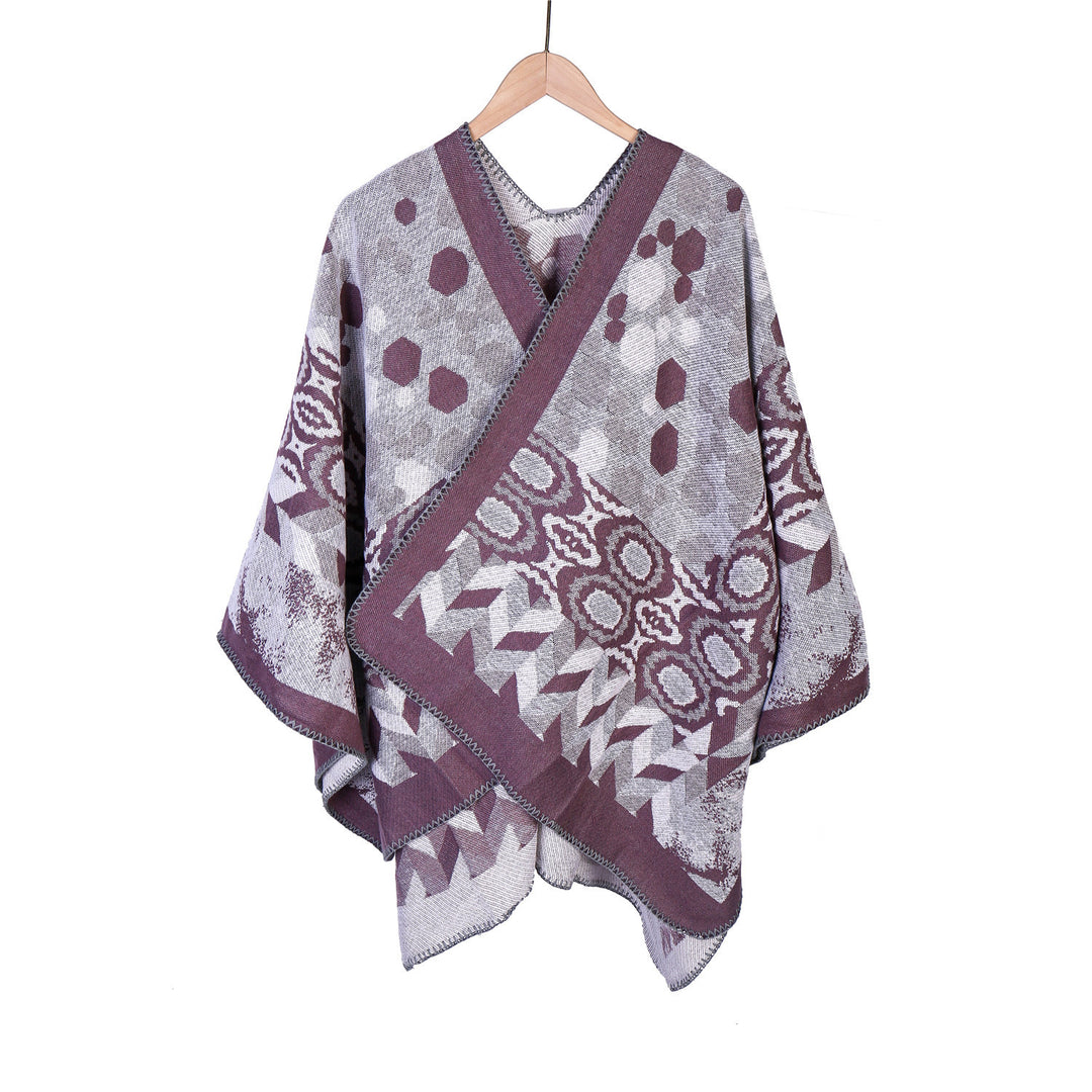 Damen Gemusterter Jacquard-Ruana-Überwurf mit V-Ausschnitt und Kettelnaht Shop Nory
