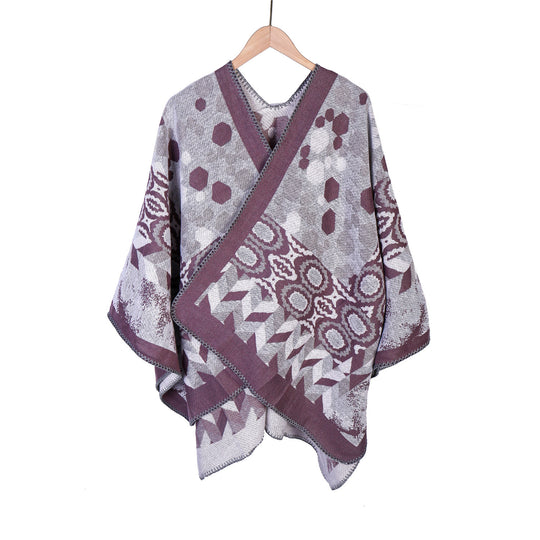 Damen Gemusterter Jacquard-Ruana-Überwurf mit V-Ausschnitt und Kettelnaht Shop Nory