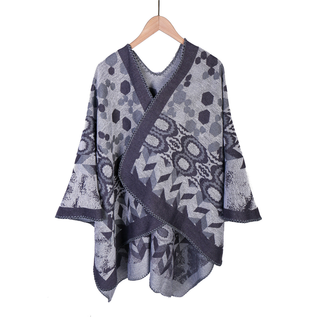 Damen Gemusterter Jacquard-Ruana-Überwurf mit V-Ausschnitt und Kettelnaht Shop Nory