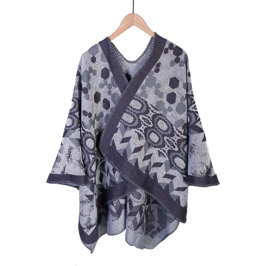 Damen Gemusterter Jacquard-Ruana-Überwurf mit V-Ausschnitt und Kettelnaht Shop Nory