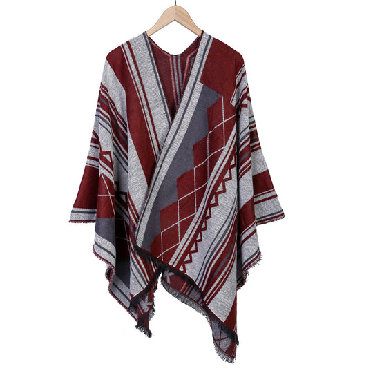 Damen Jacquard-Ruana im Oversize-Kimono mit Fransen und geometrischem Muster Shop Nory