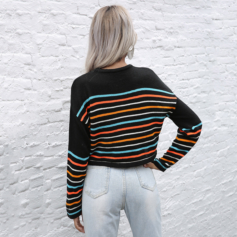 Damen Cropped Feinstrickpullover mit bunten Blockstreifen Shop Nory