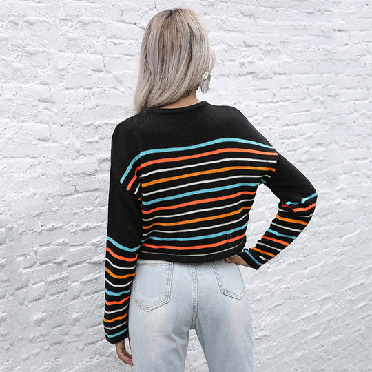 Damen Cropped Feinstrickpullover mit bunten Blockstreifen Shop Nory