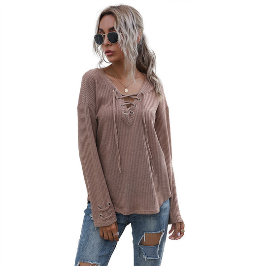 Damen Gerippter V-Ausschnitt Pullover mit Schnürdetail und lockerer Passform Shop Nory