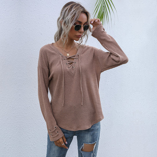 Damen Gerippter V-Ausschnitt Pullover mit Schnürdetail und lockerer Passform Shop Nory