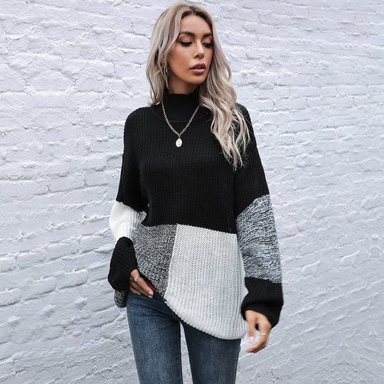 Damen Oversize-Feinstrickpullover im Blockpatch-Design mit Stehkragen Shop Nory