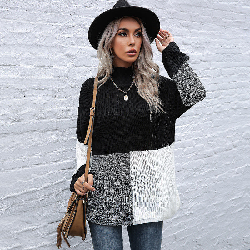 Damen Oversize-Feinstrickpullover im Blockpatch-Design mit Stehkragen Shop Nory