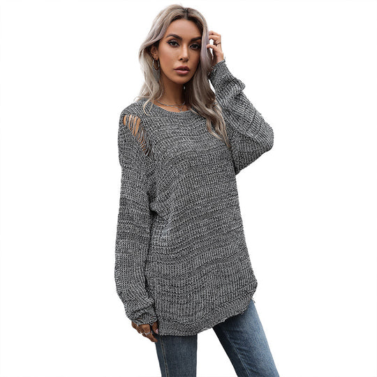 Damen Oversize-Strickpullover mit grobem Strukturstrick, asymmetrischem Saum und Used‑Look Shop Nory