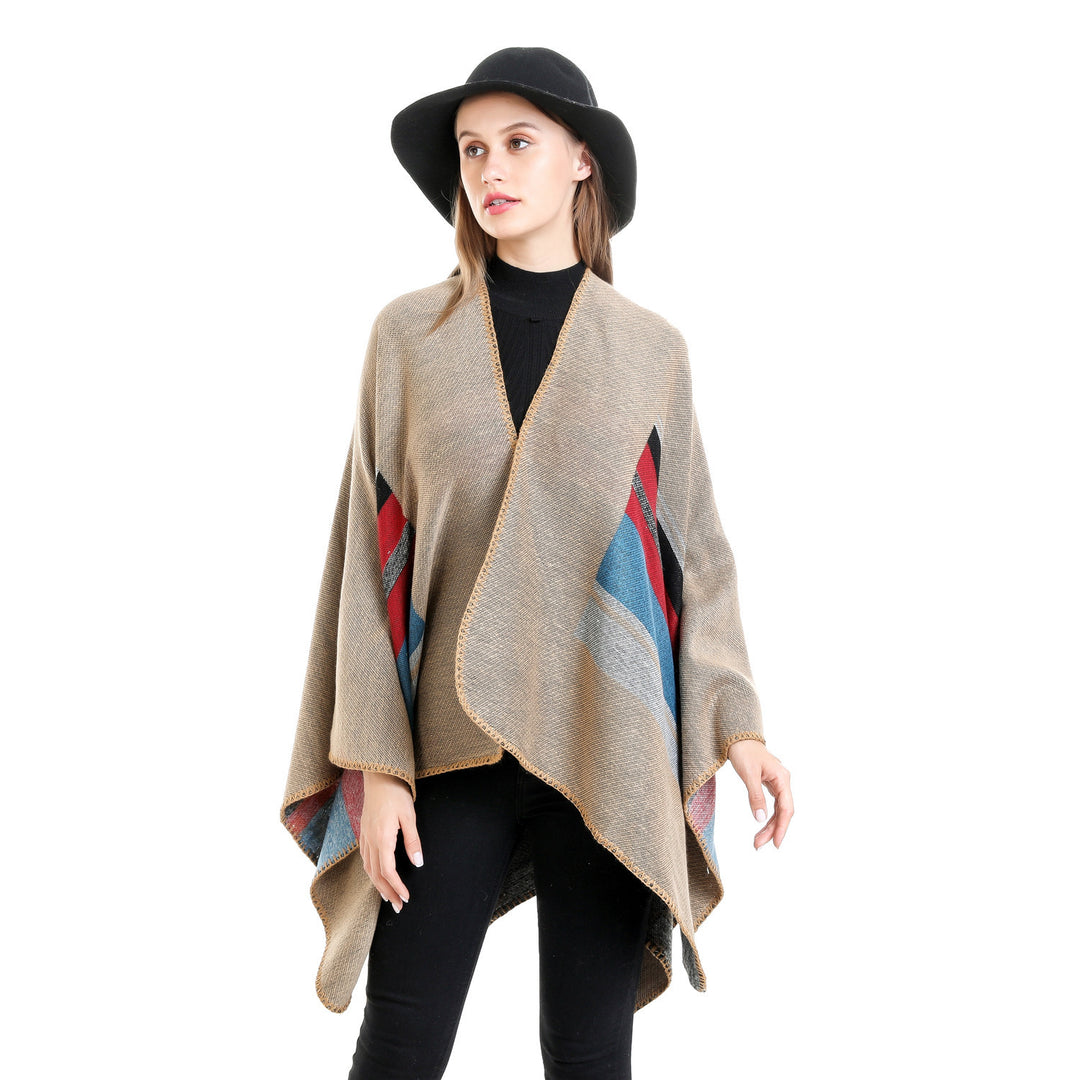 Damen Gestreifter Wollmix-Ruana mit offenem Fall und Ziernaht Shop Nory