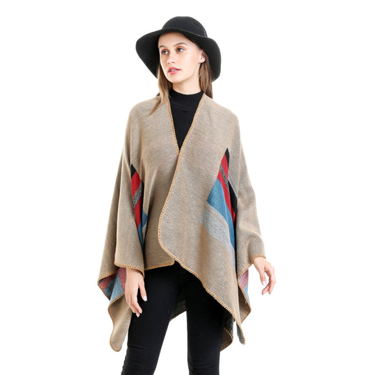 Damen Gestreifter Wollmix-Ruana mit offenem Fall und Ziernaht Shop Nory