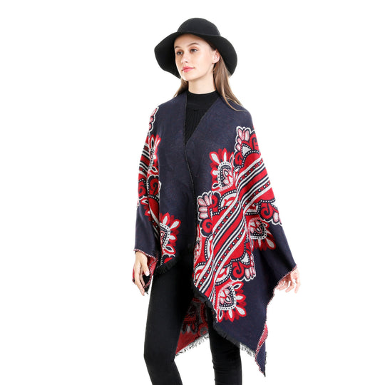 Damen Boho-Ruana mit floralem Ornamentjacquard und ausgefranster Kante Shop Nory