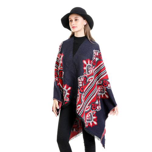 Damen Boho-Ruana mit floralem Ornamentjacquard und ausgefranster Kante Shop Nory