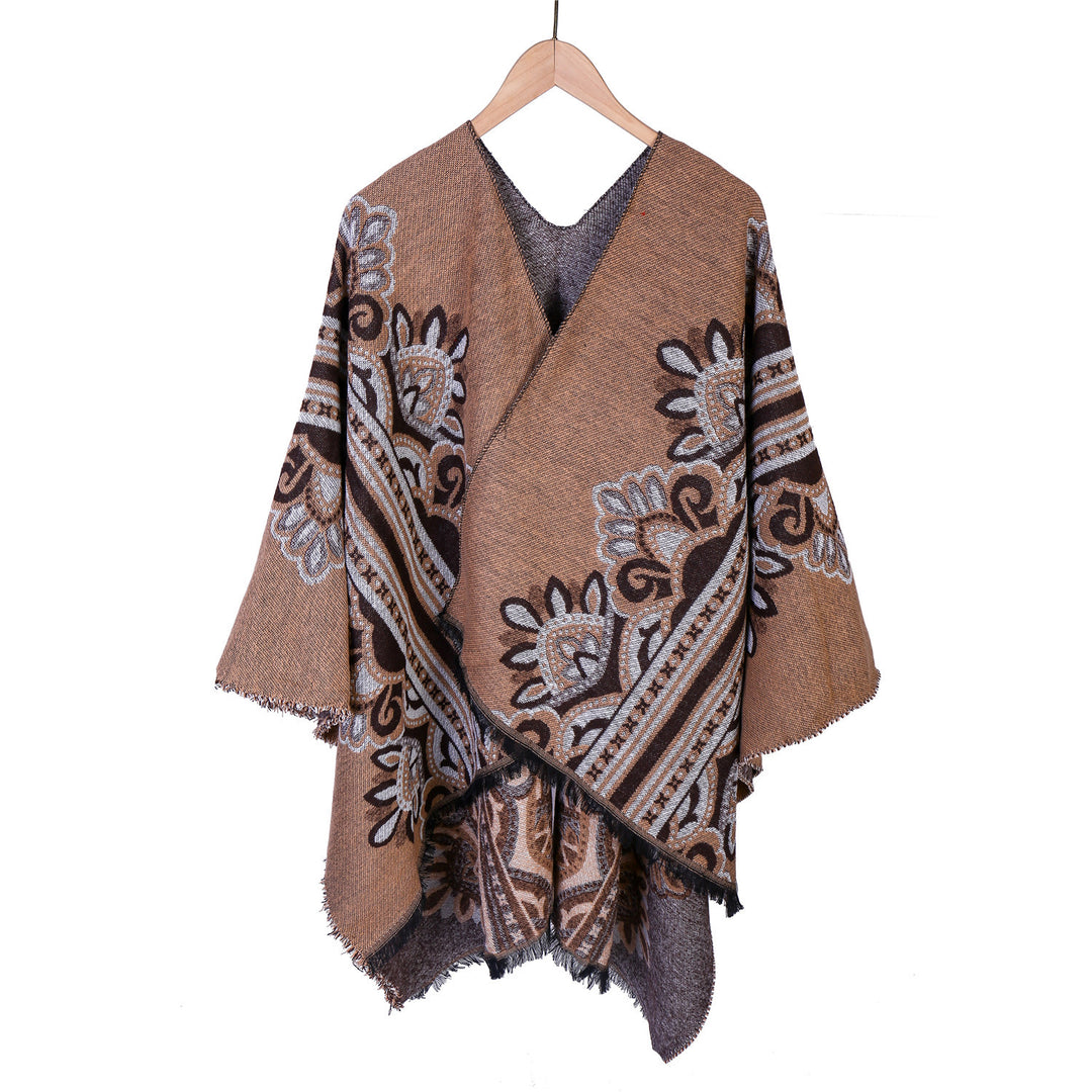 Damen Boho-Ruana mit floralem Ornamentjacquard und ausgefranster Kante Shop Nory