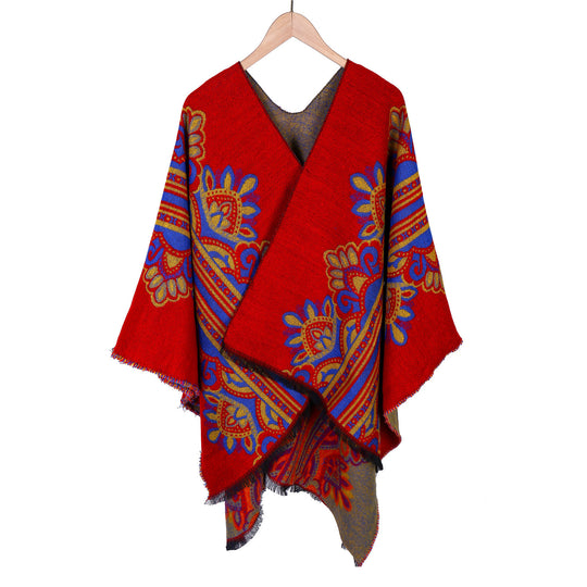 Damen Boho-Ruana mit floralem Ornamentjacquard und ausgefranster Kante Shop Nory