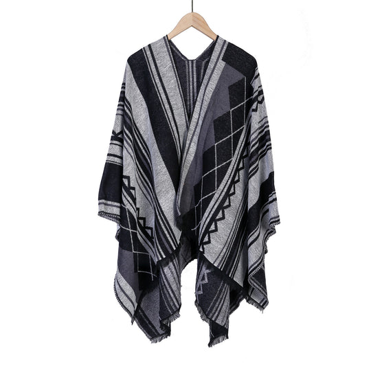 Damen Jacquard-Ruana im Oversize-Kimono mit Fransen und geometrischem Muster Shop Nory