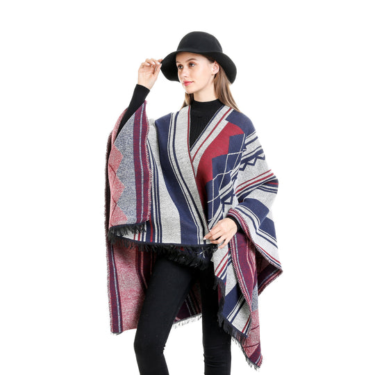 Damen Jacquard-Ruana im Oversize-Kimono mit Fransen und geometrischem Muster Shop Nory