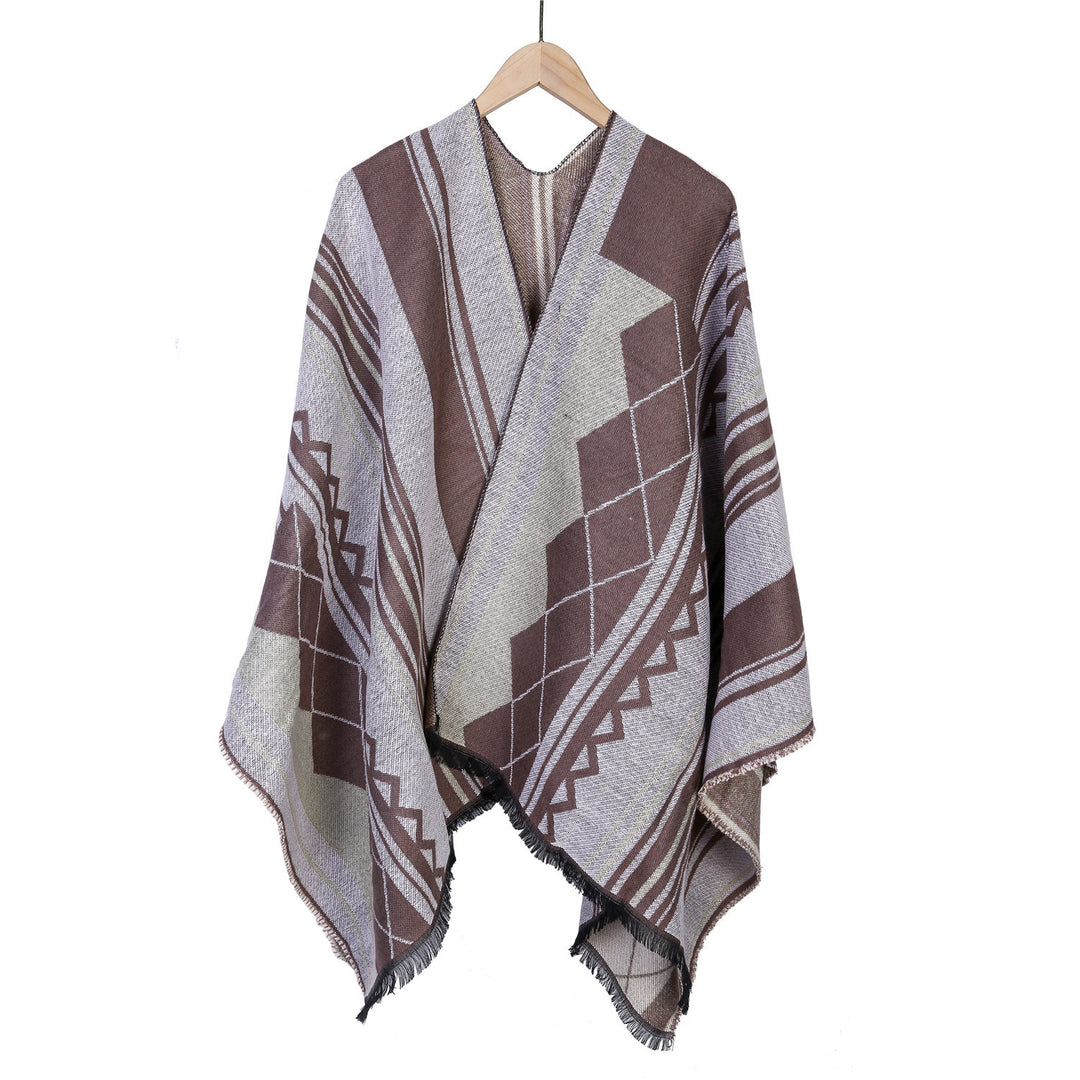 Damen Jacquard-Ruana im Oversize-Kimono mit Fransen und geometrischem Muster Shop Nory