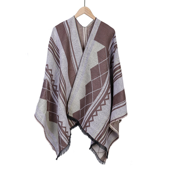 Damen Jacquard-Ruana im Oversize-Kimono mit Fransen und geometrischem Muster Shop Nory