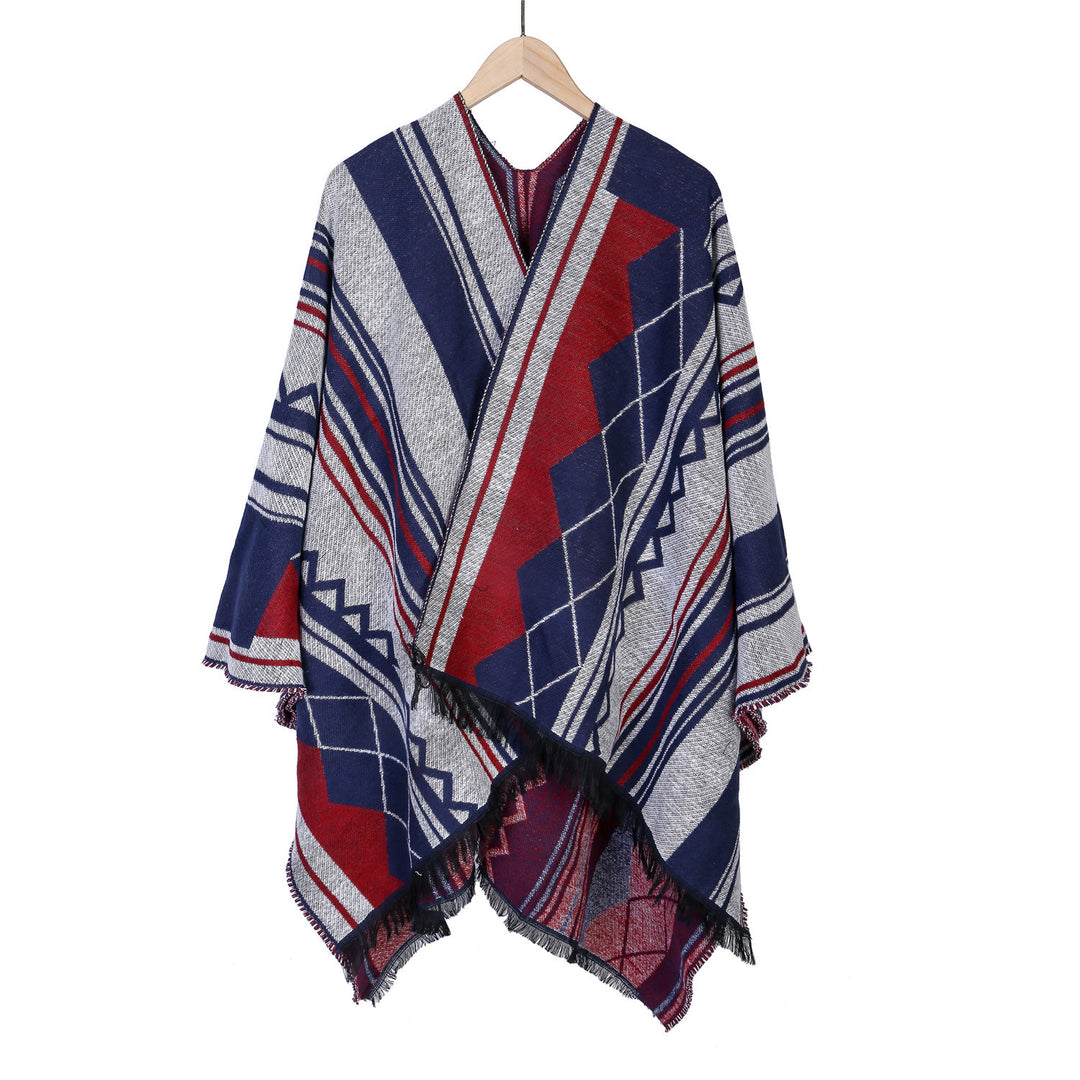 Damen Jacquard-Ruana im Oversize-Kimono mit Fransen und geometrischem Muster Shop Nory