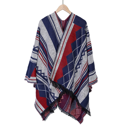 Damen Jacquard-Ruana im Oversize-Kimono mit Fransen und geometrischem Muster Shop Nory