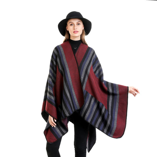 Damen Wendefreundliche Ruana im Oversize mit diagonalen Blockstreifen und dekorativer Zierkante Shop Nory
