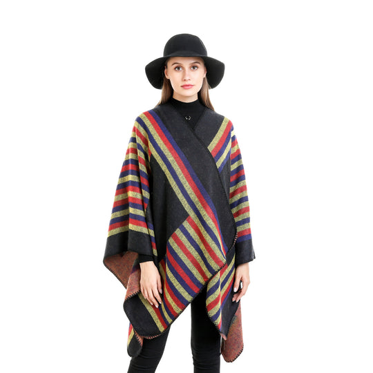 Damen Wendefreundliche Ruana im Oversize mit diagonalen Blockstreifen und dekorativer Zierkante Shop Nory