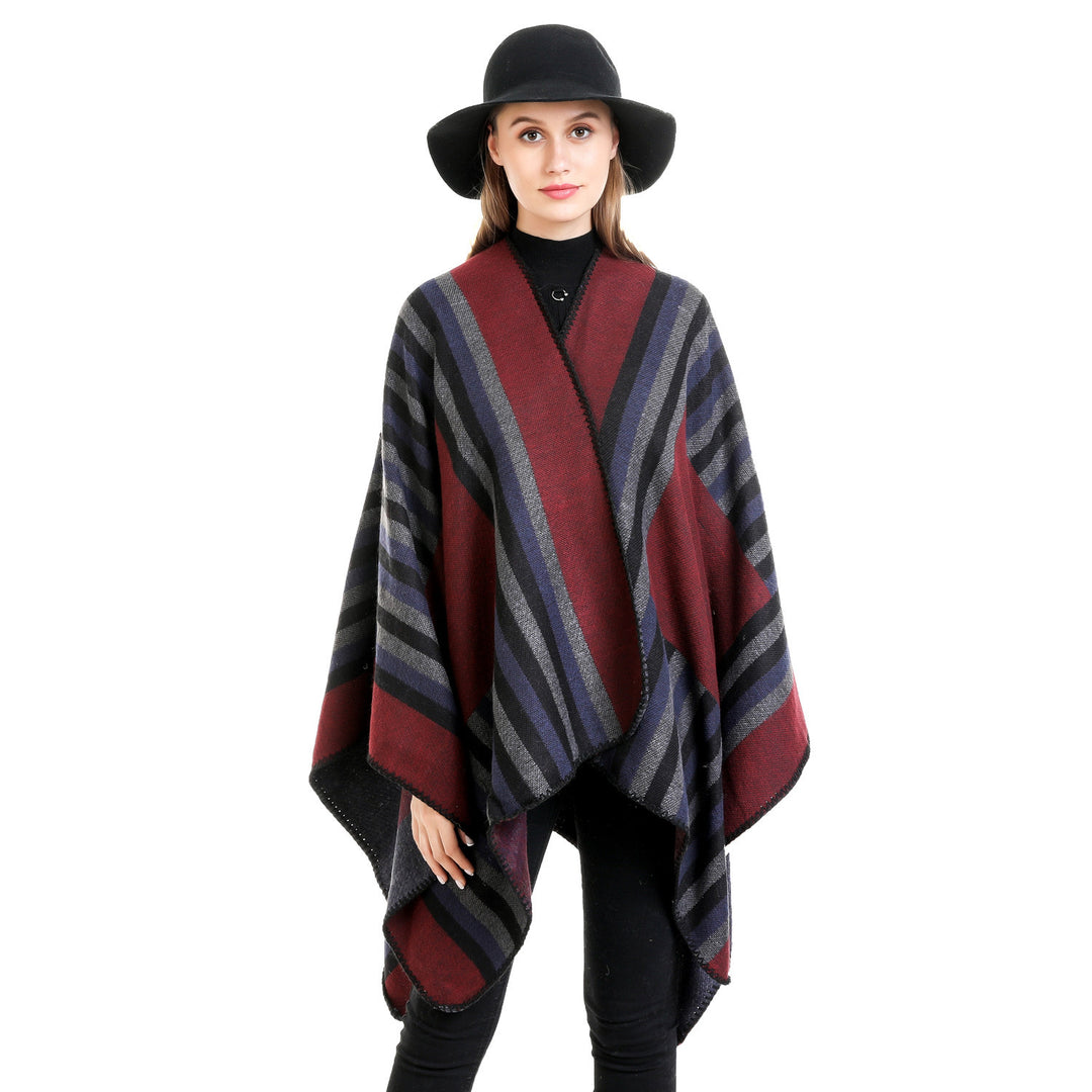 Damen Wendefreundliche Ruana im Oversize mit diagonalen Blockstreifen und dekorativer Zierkante Shop Nory