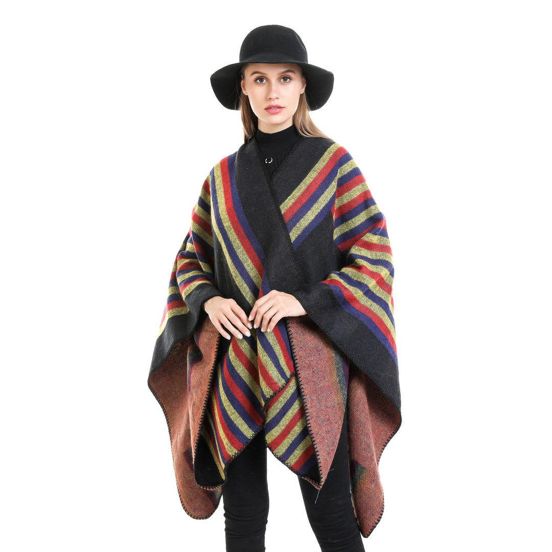 Damen Wendefreundliche Ruana im Oversize mit diagonalen Blockstreifen und dekorativer Zierkante Shop Nory