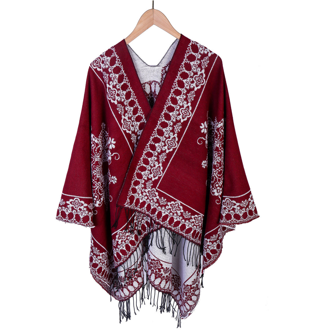 Damen Jacquard‑Poncho im Kimono‑Fall mit Fransensaum Shop Nory