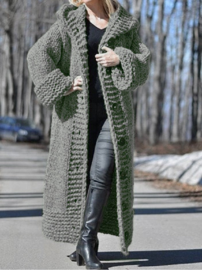 Damen Oversize Grobstrick Maximantel mit Kapuze und Knopfleiste Shop Nory