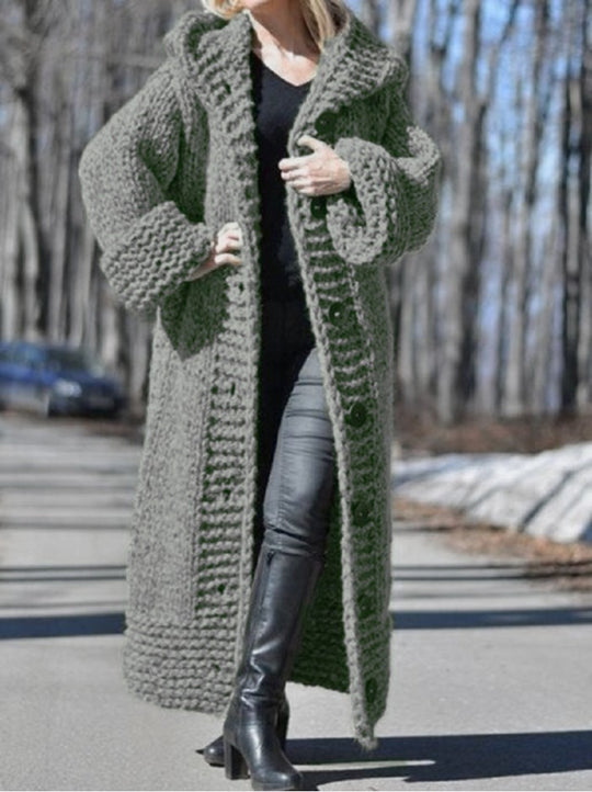 Damen Oversize Grobstrick Maximantel mit Kapuze und Knopfleiste Shop Nory