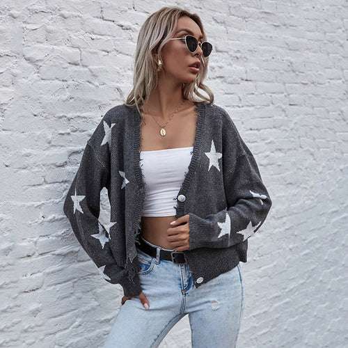 Damen Kurzgeschnittener V‑Ausschnitt Strickcardigan mit Sternen‑Jacquard und Fransenbesatz Shop Nory