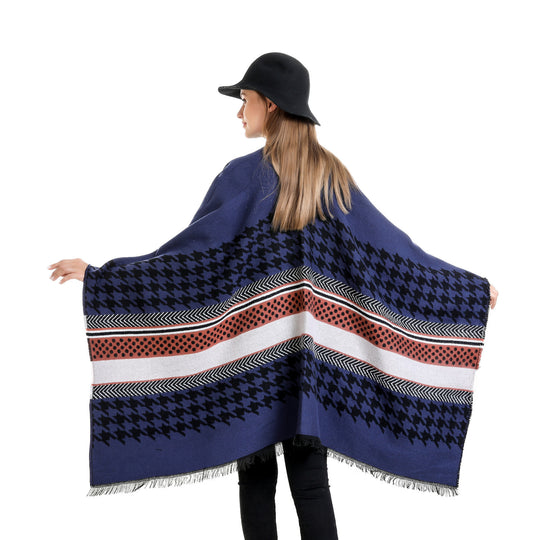 Damen Oversize-Ruana mit Hahnentritt-Jacquard und Fransensaum Shop Nory